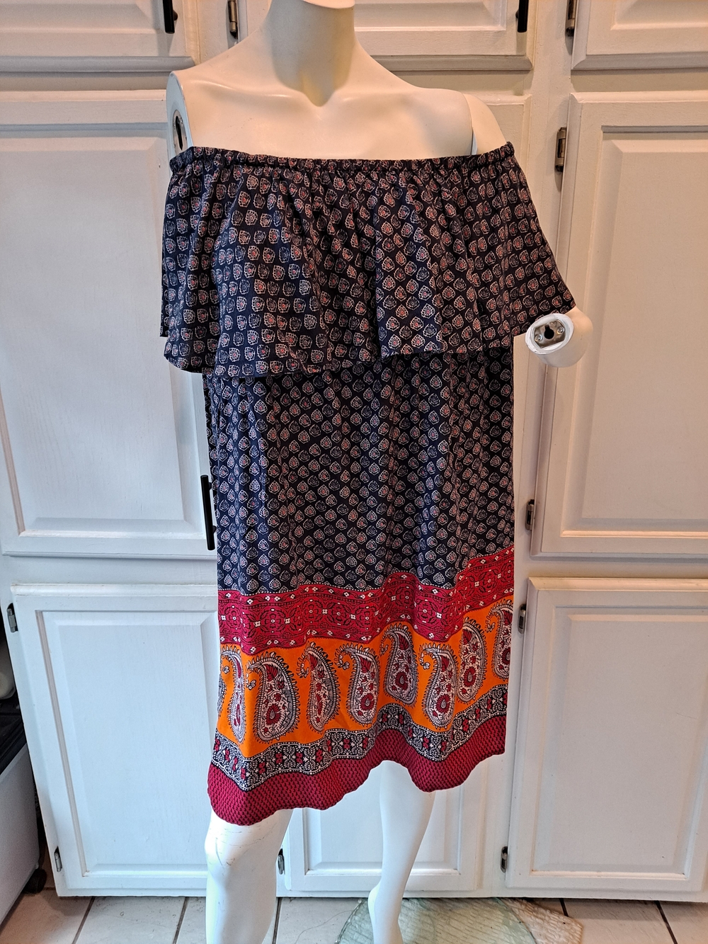 Beach Lunch Lounge Navy Off-Shoulder Midi Dress with Red & Orange Paisley Hem